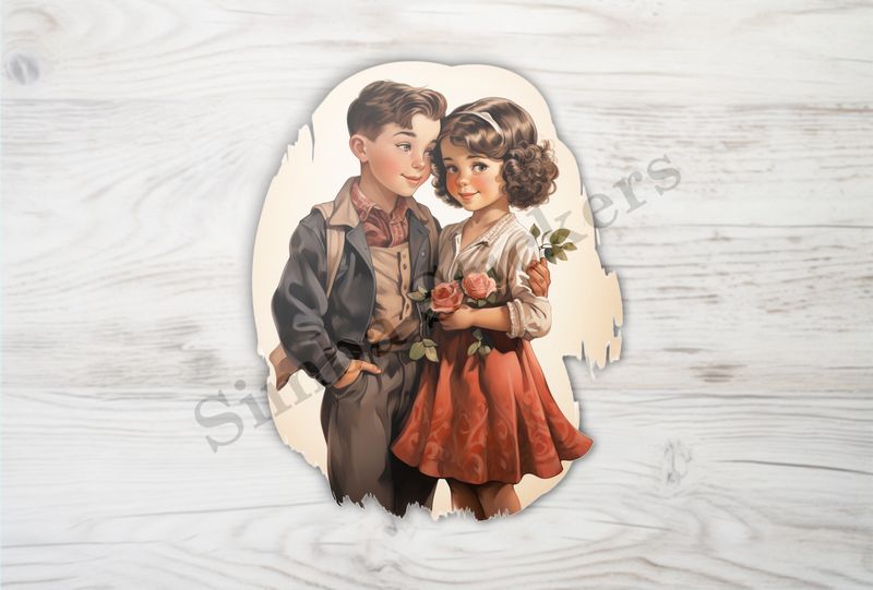 Girl and boy, girl holding flowers
