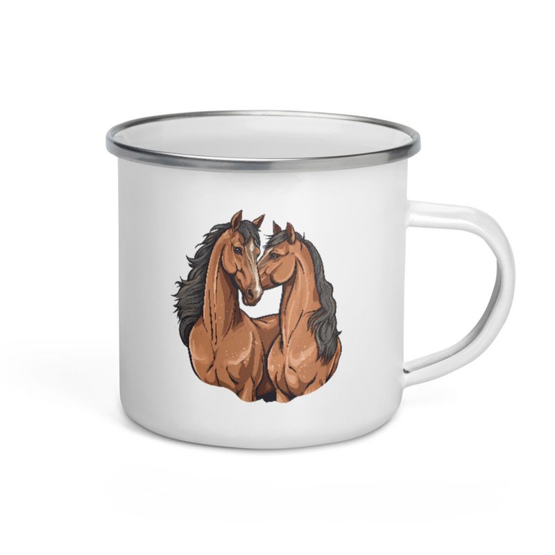 Enamel Mug, Cattle, Two brown horses snuggling, tdwcyd