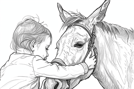 Colouring pages, bundle of mules hugged by child, 10 images