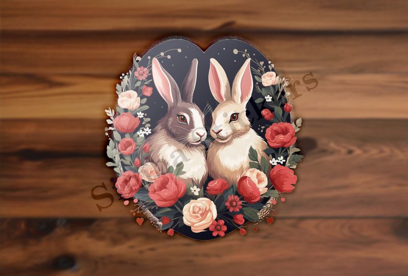 Rabbits in love amongst flowers, black background