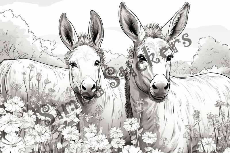 Colouring pages, bundle of donkeys with children, 25 images