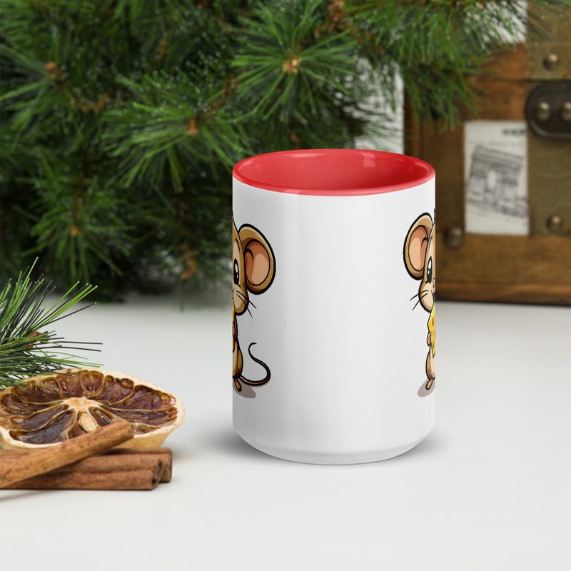 White Ceramic Mug with Color Inside,11&amp;15oz,Small Mouse happily licking large chunk of cheese,pqapy6