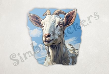 White goat standing against blue sky background