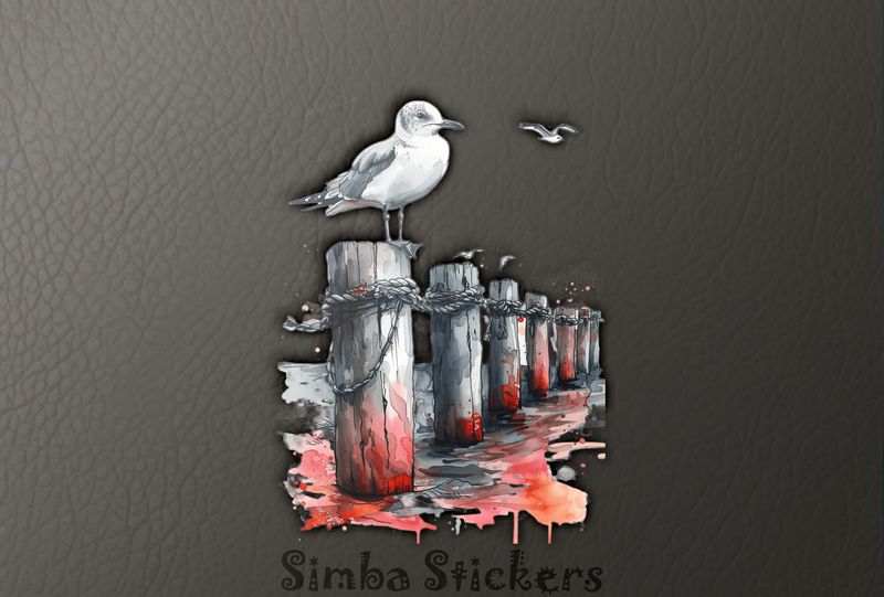 Seagull perching on strung-up pole in water, watercolour, oxacxj