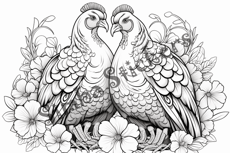 Colouring pages, bundle of turkeys in love, 10 images