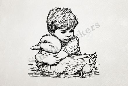 Duck hugged by small boy, outline art