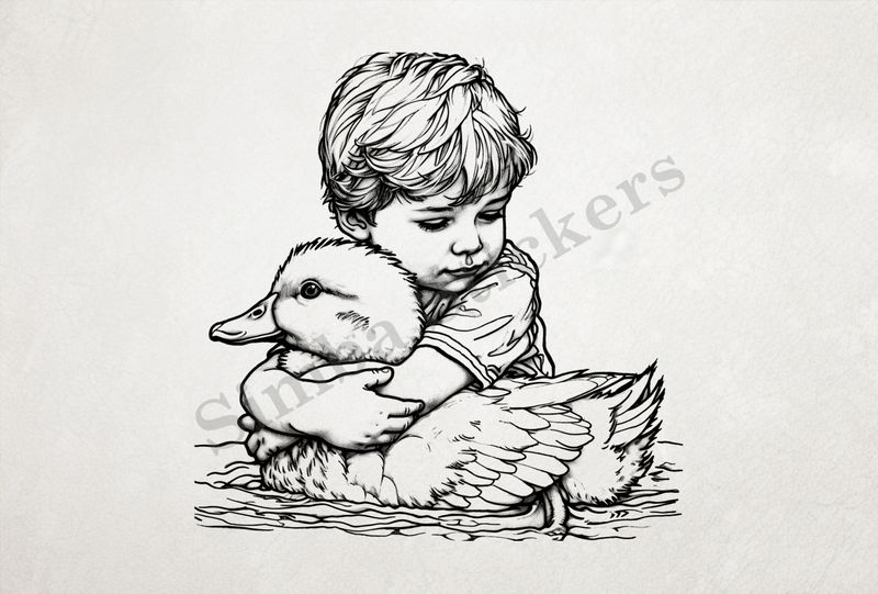Duck hugged by small boy, outline art
