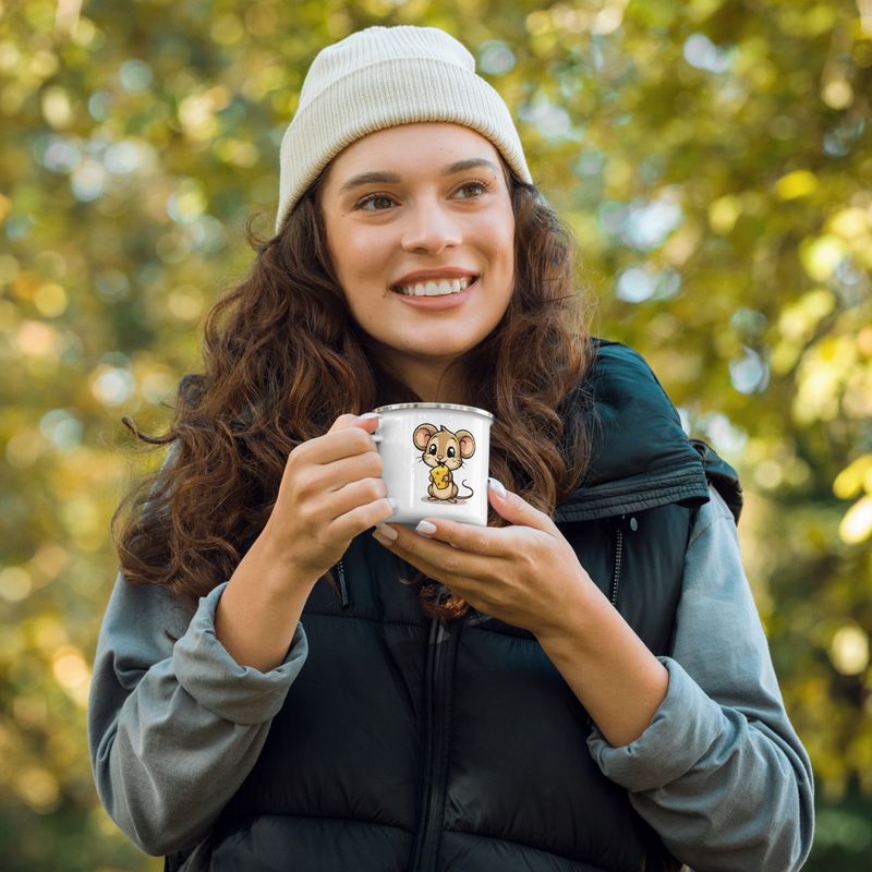 Enamel Mug, Small Mouse happily licking large chunk of cheese, pqapy6