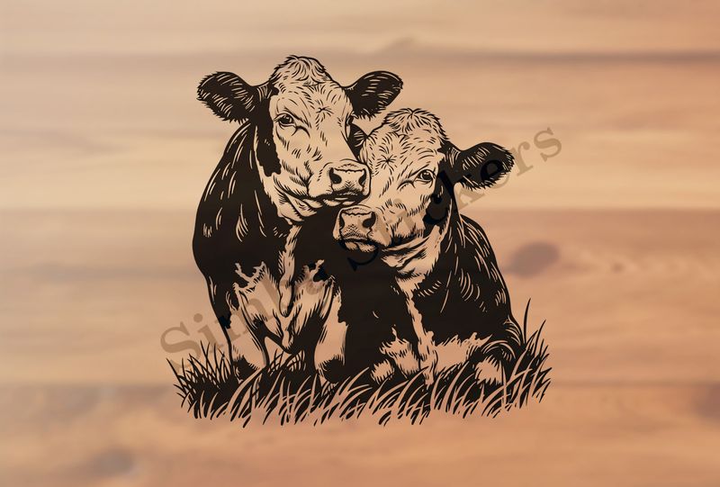 Bull and cow in love in the grass, outline art
