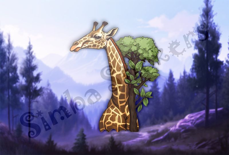 Giraffe standing tall next to tree, towering above it