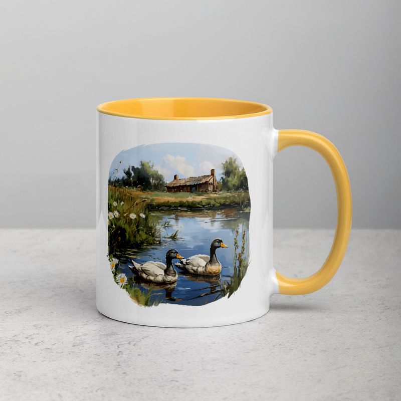White Ceramic Mug with Color Inside, 11 &amp;15oz, Ducks in love swimming in farmhouse pond 