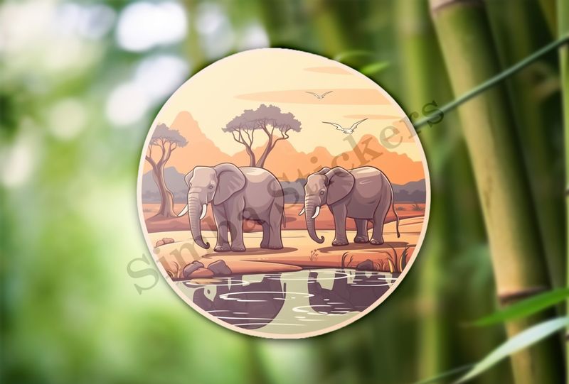 Two elephants at a pond in the Savanna