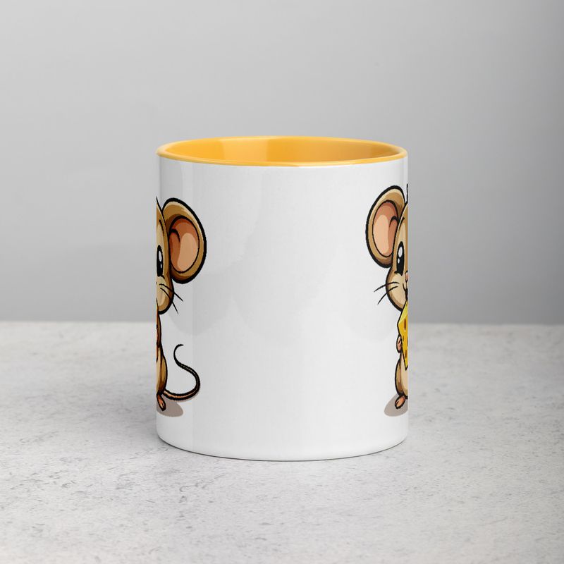 White Ceramic Mug with Color Inside,11&amp;15oz,Small Mouse happily licking large chunk of cheese,pqapy6