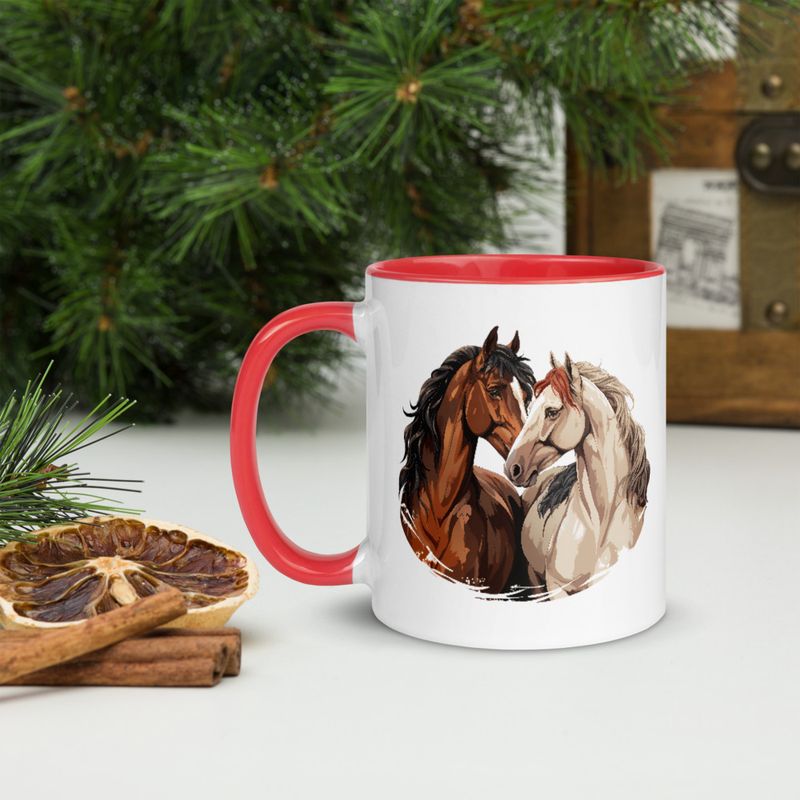 White Ceramic Mug with Color Inside, 11&amp;15oz, Horses nose-to-nose, jbgjpy