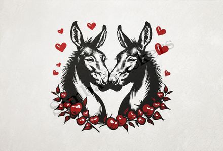 Donkeys in love, nose-to-nose, flower wreath, outline art