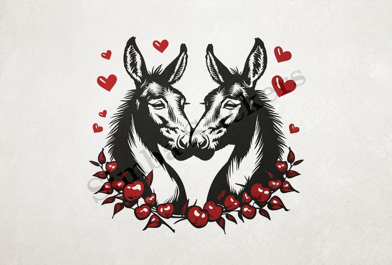 Donkeys in love, nose-to-nose, flower wreath, outline art