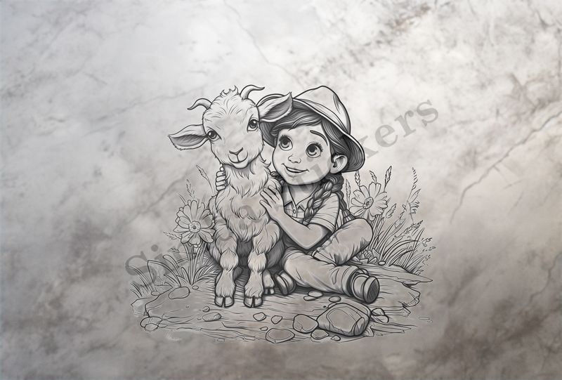 Goat kid hugged by girl, outline art