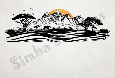 African Savanna landscape, sun rising over mountain range, outline art