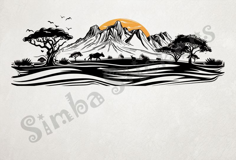 African Savanna landscape, sun rising over mountain range, outline art