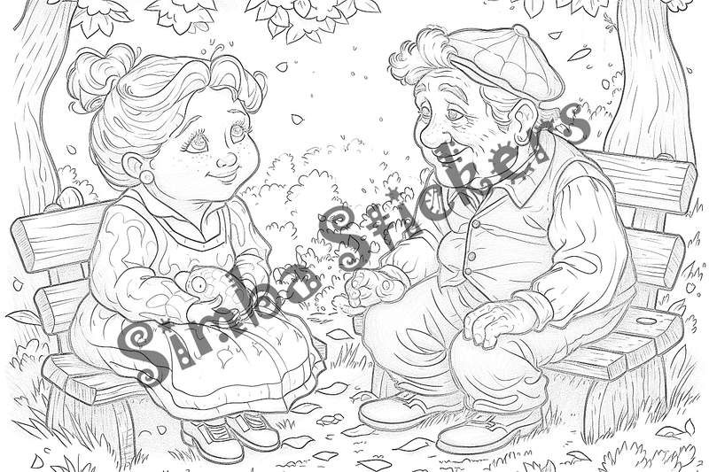 Colouring pages, bundle of people, grandparents in love at picnic, 25 images