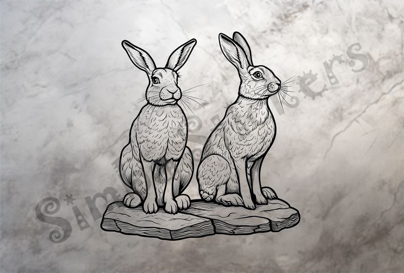 Hares standing on rocks, outline art