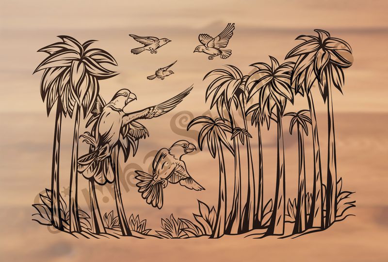 Equatorial Rainforest landscape, birds flapping, outline art
