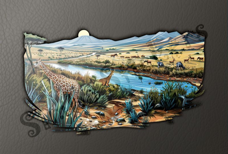 African Savanna landscape, with animals by river