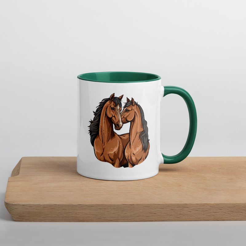White Ceramic Mug with Color Inside, 11&amp;15oz, Two brown horses snuggling, tdwcyd