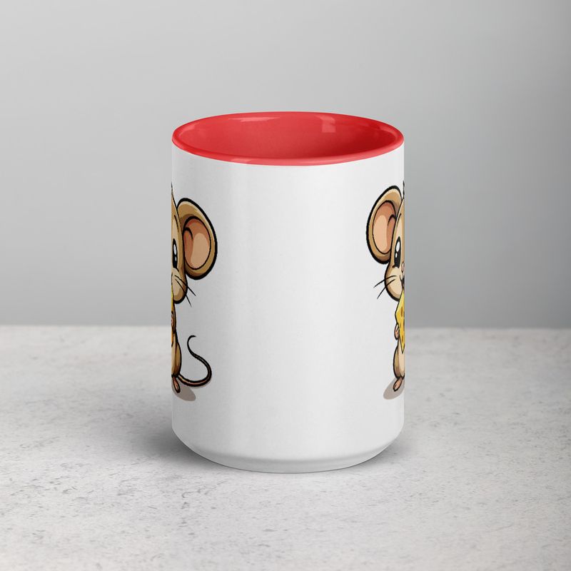 White Ceramic Mug with Color Inside,11&amp;15oz,Small Mouse happily licking large chunk of cheese,pqapy6