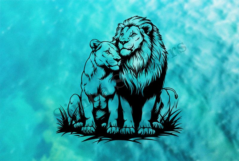 Majestic lion with lioness leaning into it ,  outline art