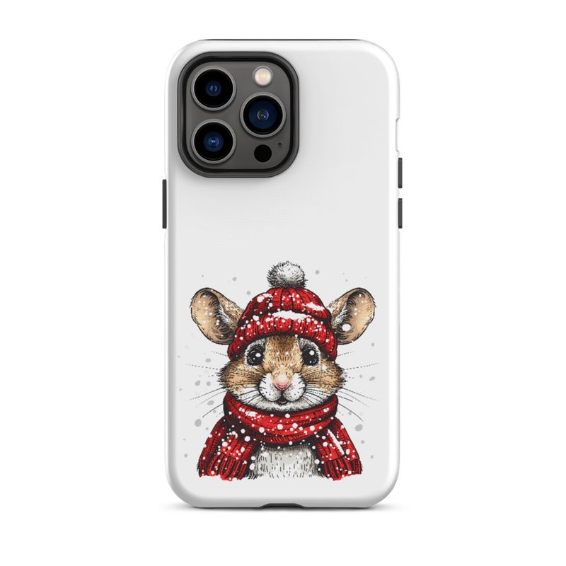 Tough Case for iPhone, Mouse wearing red winter hat and scarf in the snow, xg8dl3