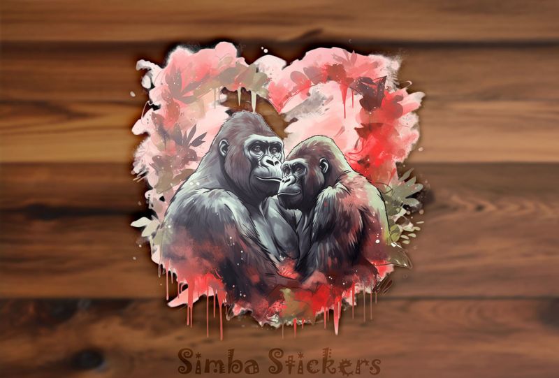 Gorillas in love in Valentine&#x27;s heart-shaped vegetation, watercolour, qqdsk0