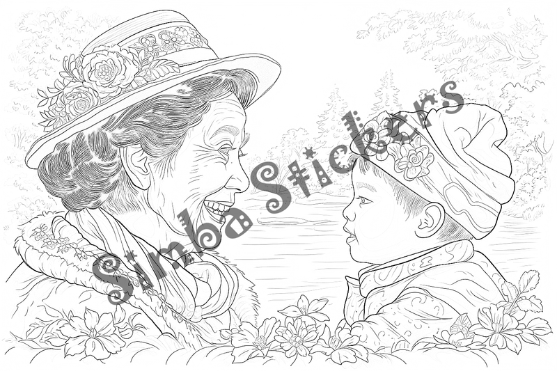 Colouring pages, bundle of people, grandmother with child, 10 images