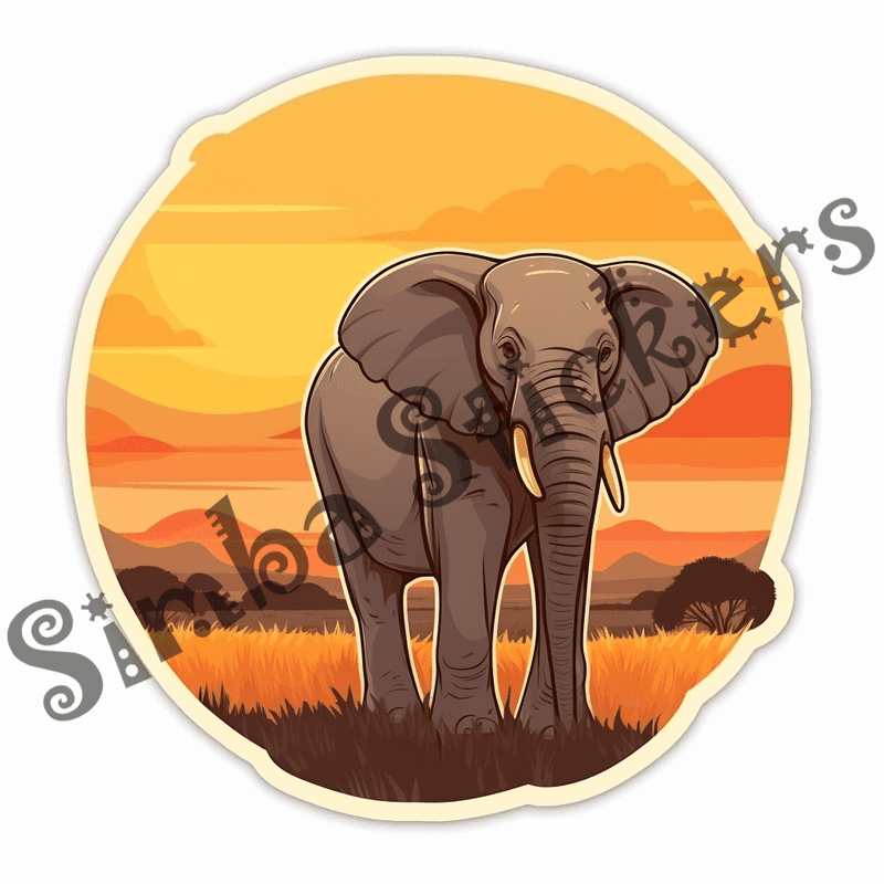 Elephants at sunrise or sunset, sticker-style, image set, 25 images, orxvzg