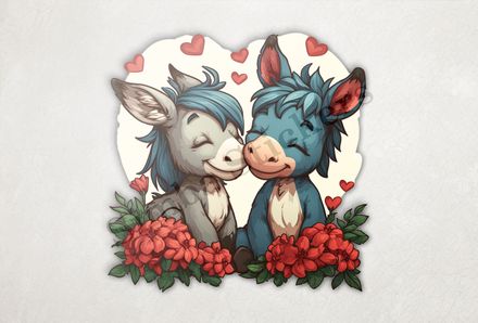Small donkeys in love, flowers all around