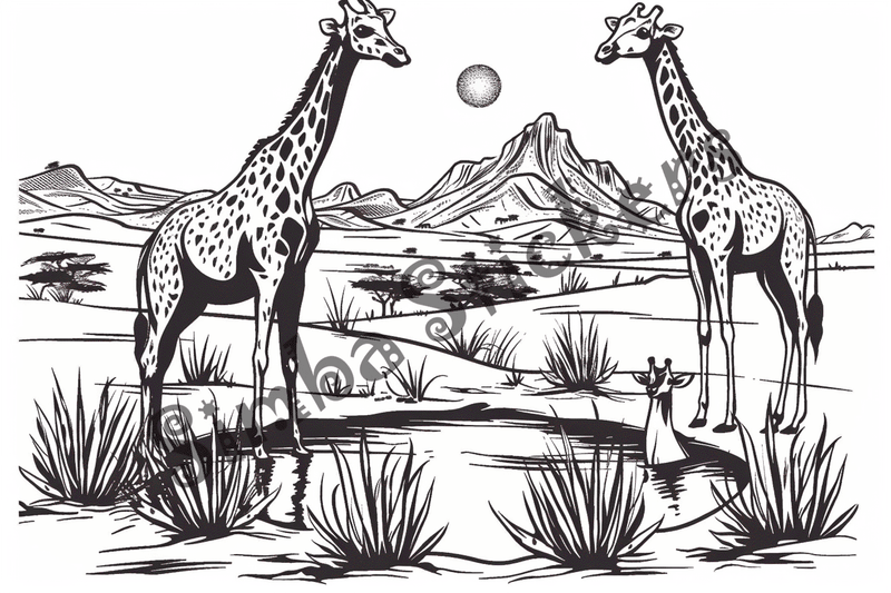 Colouring pages, bundle of African Savanna landscape with animals, 10 images