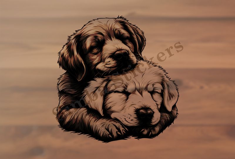 Dog, one light and one dark, cuddling, outline art