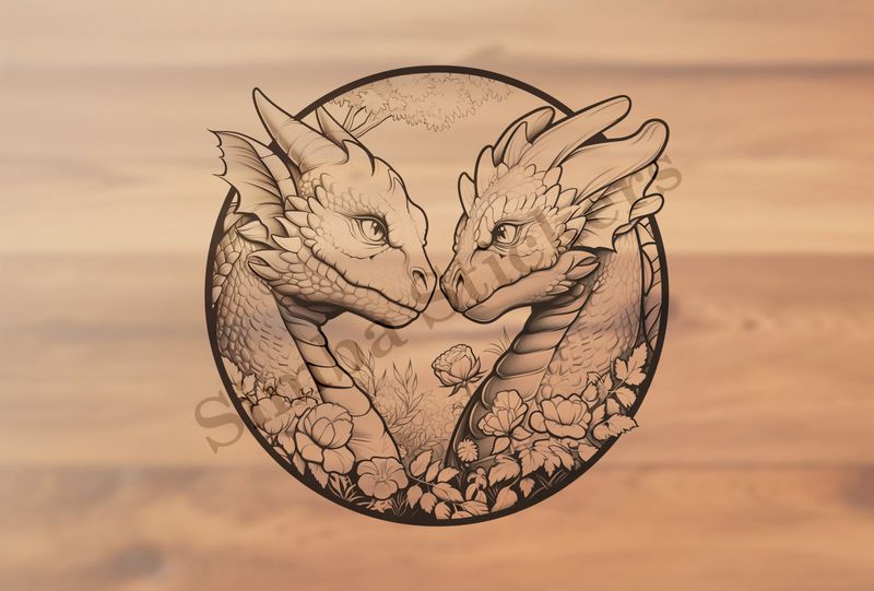 Dragons nose-to-nose in love, with flowers, in circle, outline art
