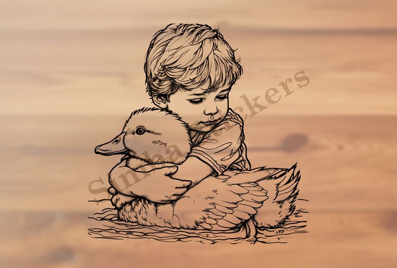 Duck hugged by small boy, outline art