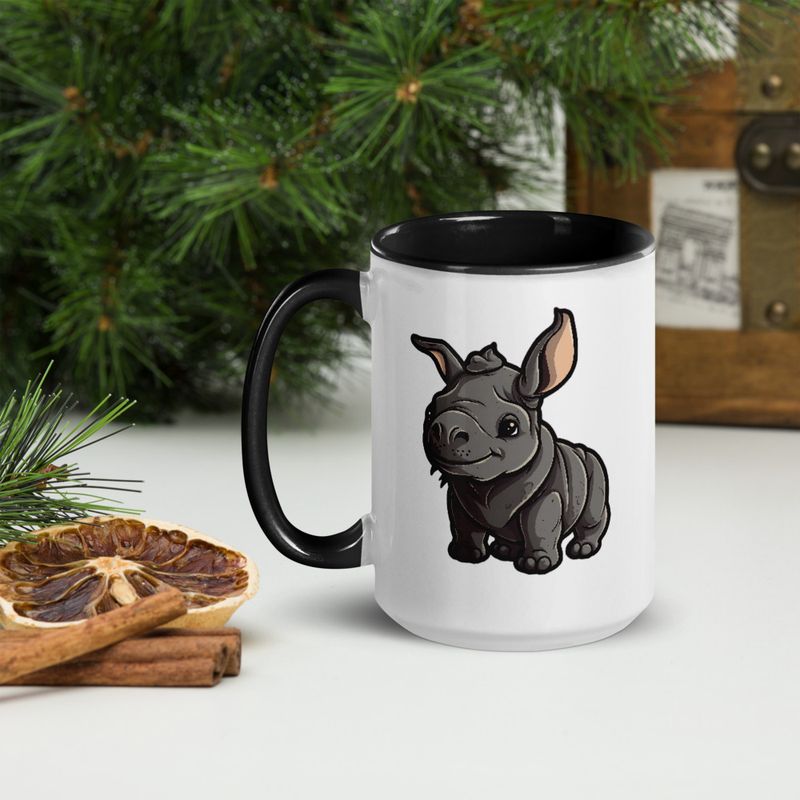 White Ceramic Mug with Color Inside, 11oz &amp; 15oz, Black rhino calf looking cute 