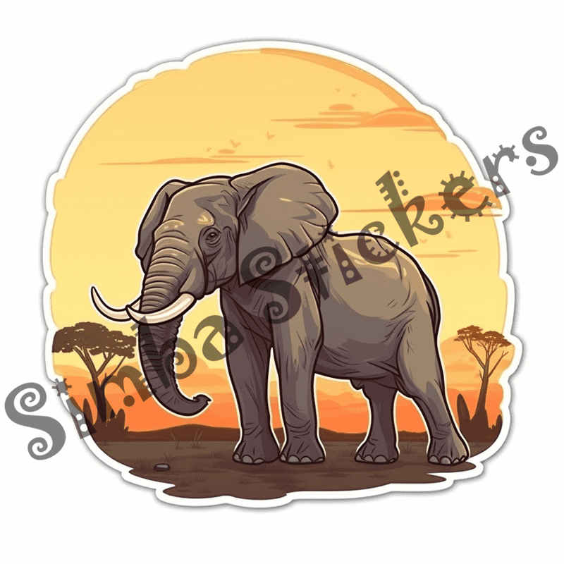 Elephants at sunrise or sunset, sticker-style, image set, 25 images, orxvzg