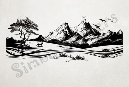 African Savanna landscape, mountain range, outline art