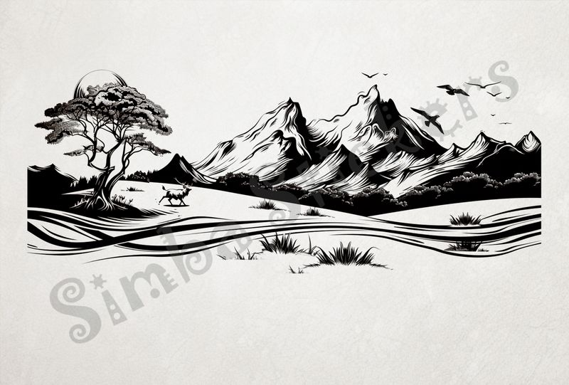 African Savanna landscape, mountain range, outline art