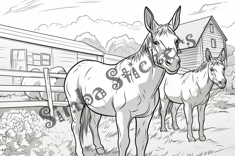 Colouring pages, bundle of donkeys with children, 25 images 2