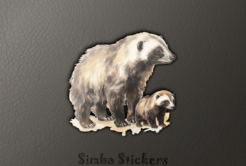 Honey Badger mother standing over child, watercolour, hj6foc