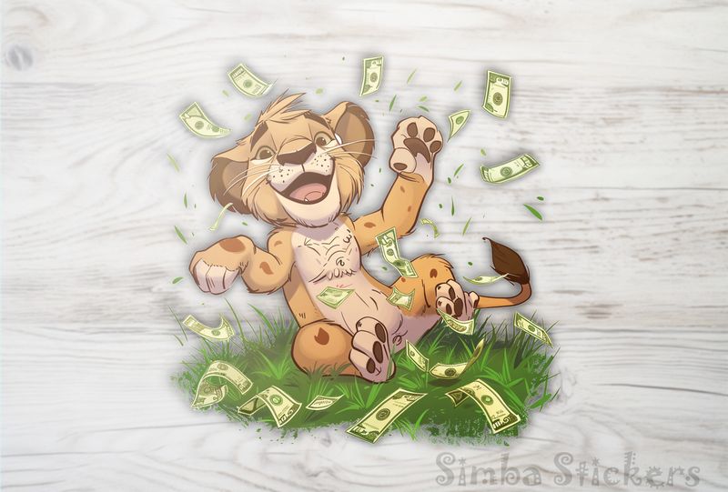 Simba Lion cub laughingly throwing money