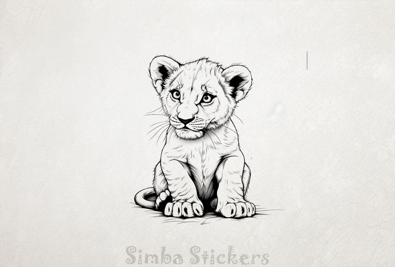 Lion cub sitting down, outline art, msjn2a