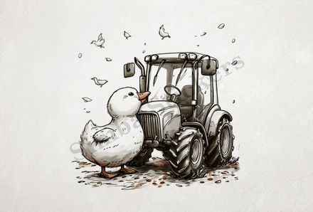 Duckling expressing love of farmer&#x27;s tractor, outline art