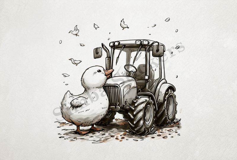 Duckling expressing love of farmer&#x27;s tractor, outline art