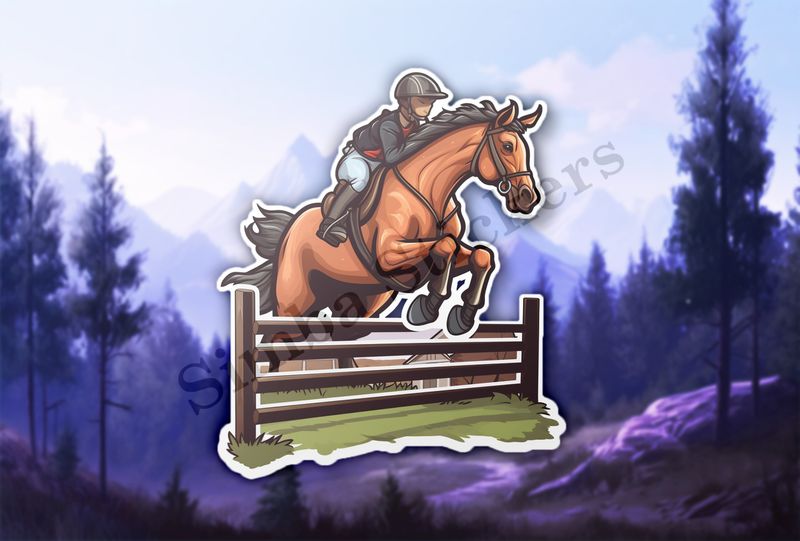 Brown horse with rider jumping over a fence